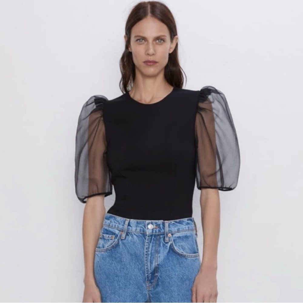 Zara Black Fitted Puff Sleeve Bodysuit